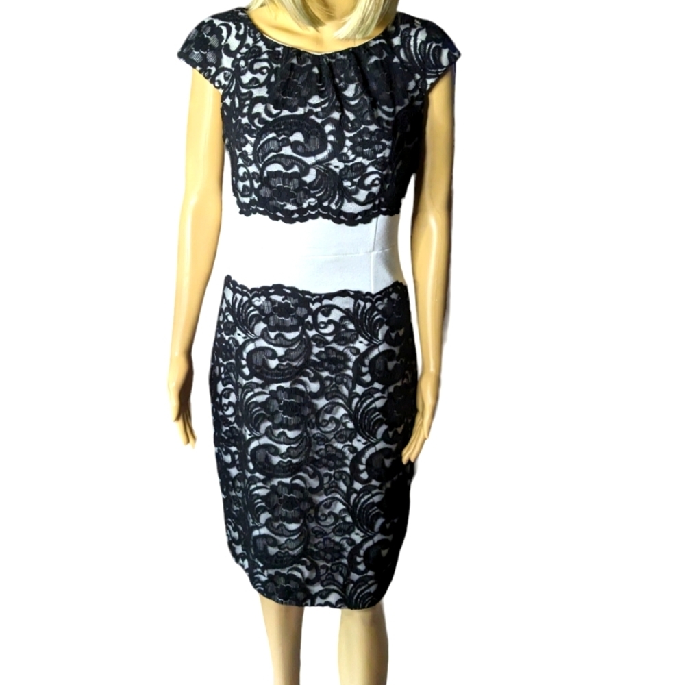 JAX white w/black embroidery office, formal,prom or dinner knee length dress.
